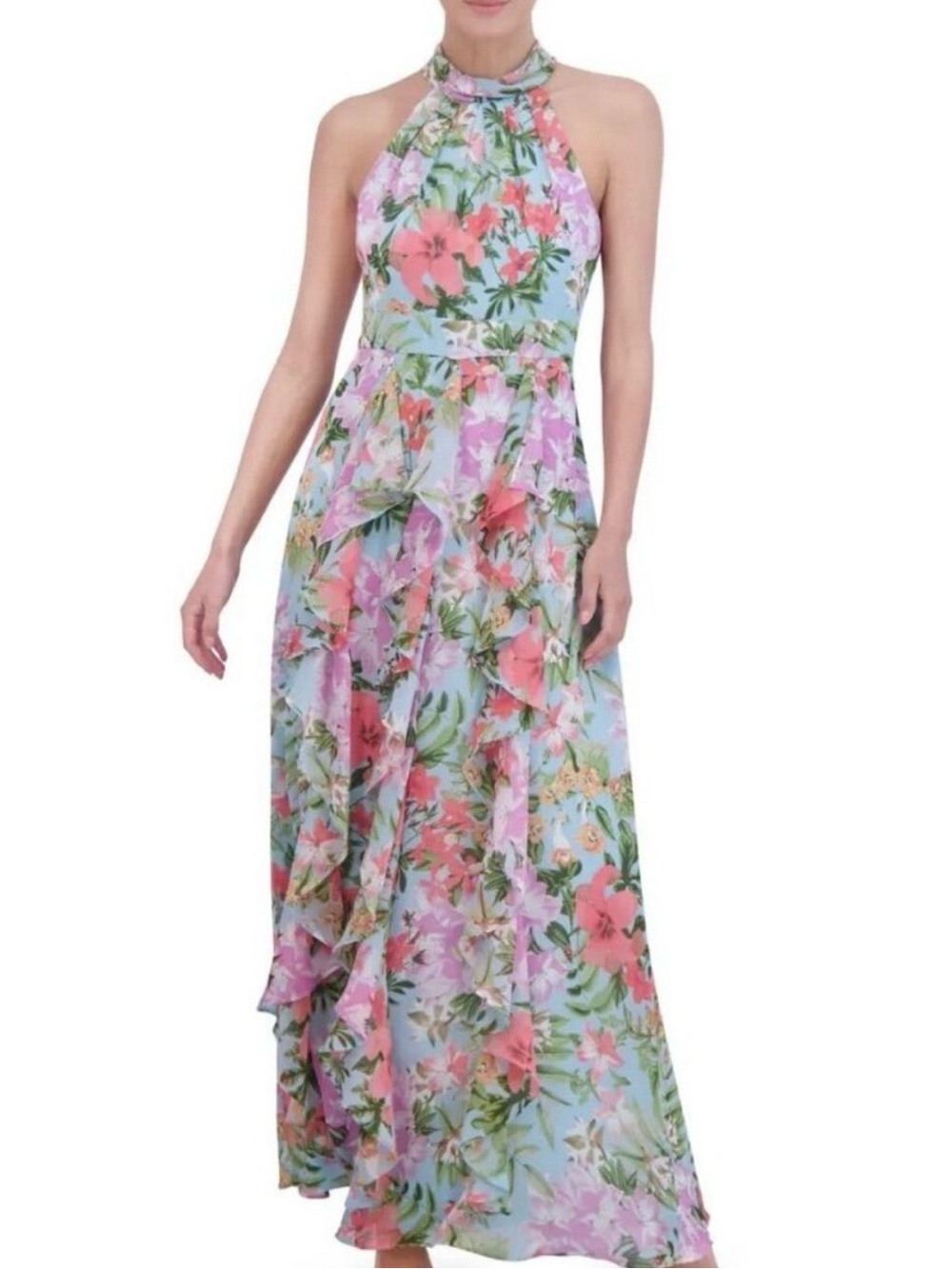 Eliza J Floral-Print Ruffled Halter Maxi Dress Size 10 NWT